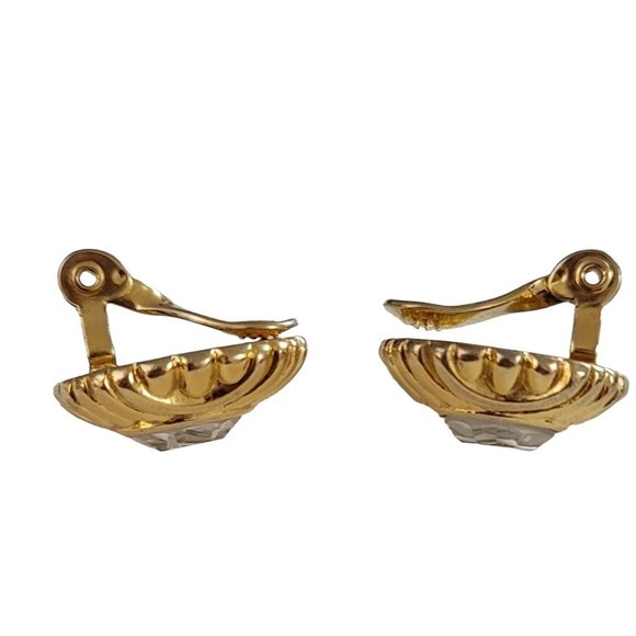 Monet Gold Tone Oval Clear Glass Rhinestone Center Clip-On Earrings, Signed K987 - Picture 4 of 9